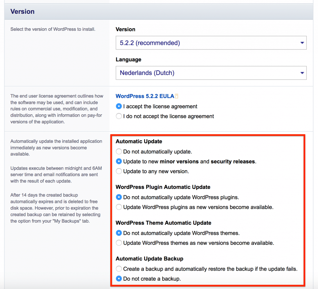 In dit onderdeel kun je onder andere de WordPress versie, taal en enkele technische instellingen selecteren.